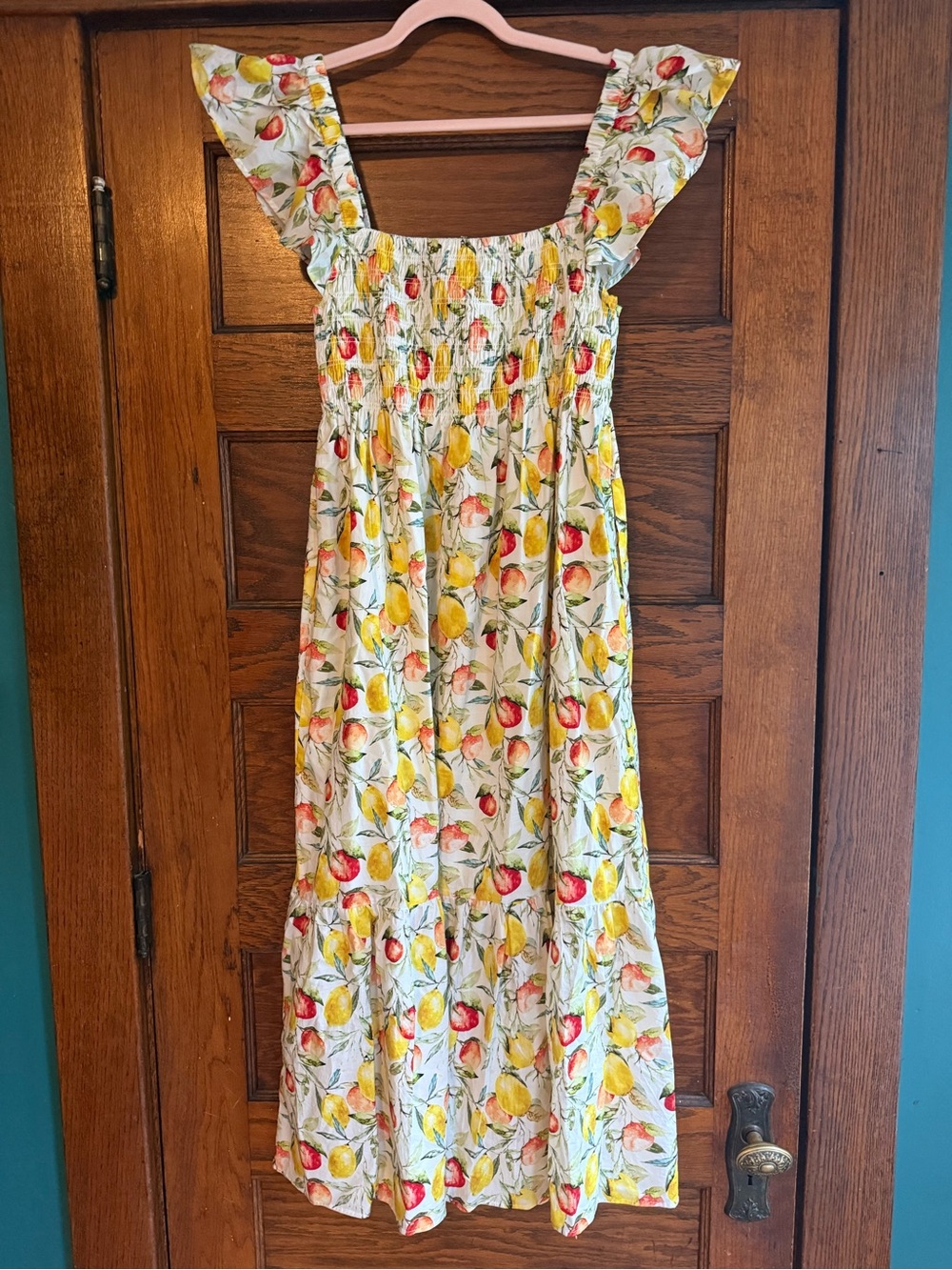 O.P.T 100% Cotton Lemon Print Citrus Midi Dress Tiered Skirt Ruffle Sleeves XL - Picture 5 of 12